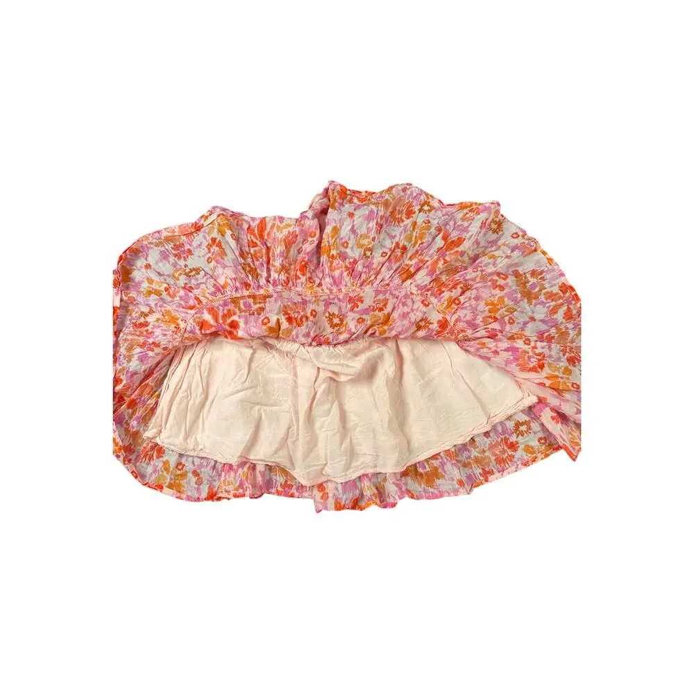 OLIVACEOUS Floral Tiered Ruffle Mini Skirt Smocked Waist Pink Orange Boho- M - Picture 3 of 4